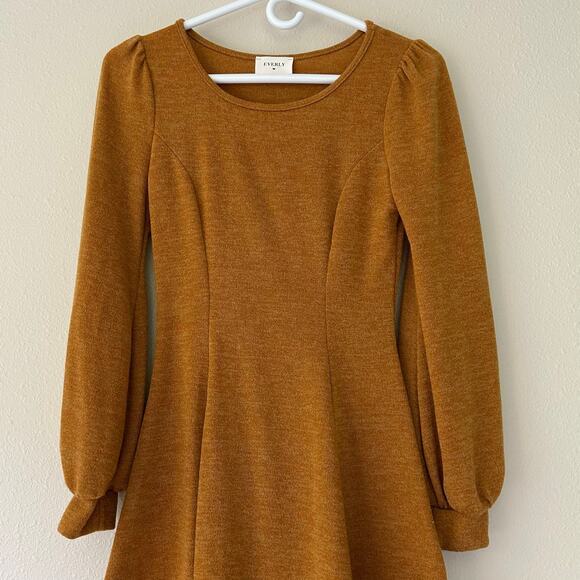 Everly long skater mini dress sleeve puff balloon sleeve fall  mustard yellow S - Picture 3 of 9